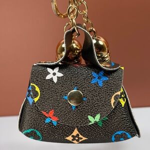 Trendy Black Mini Bag Keychain/Bag Charm Multicolor Monogram Print